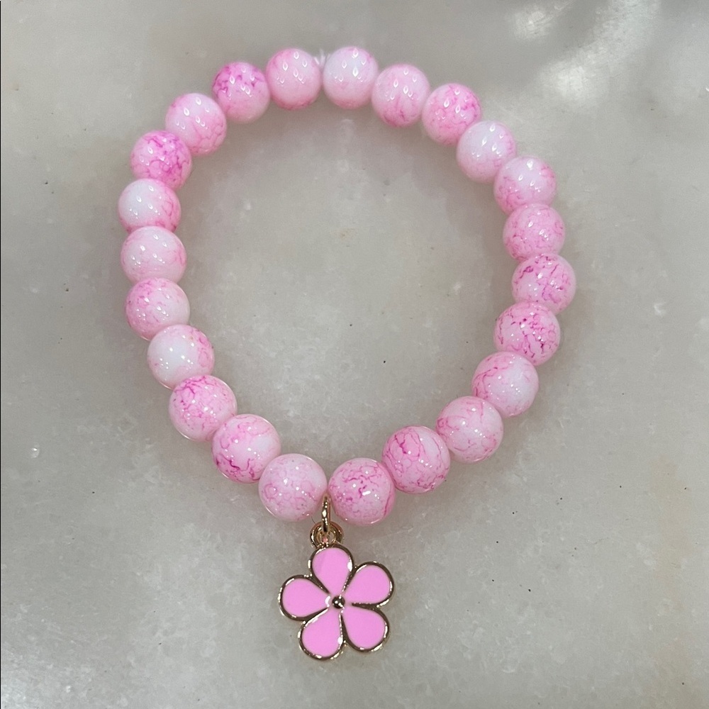 Pink Beaded Bracelet with Flower Charm